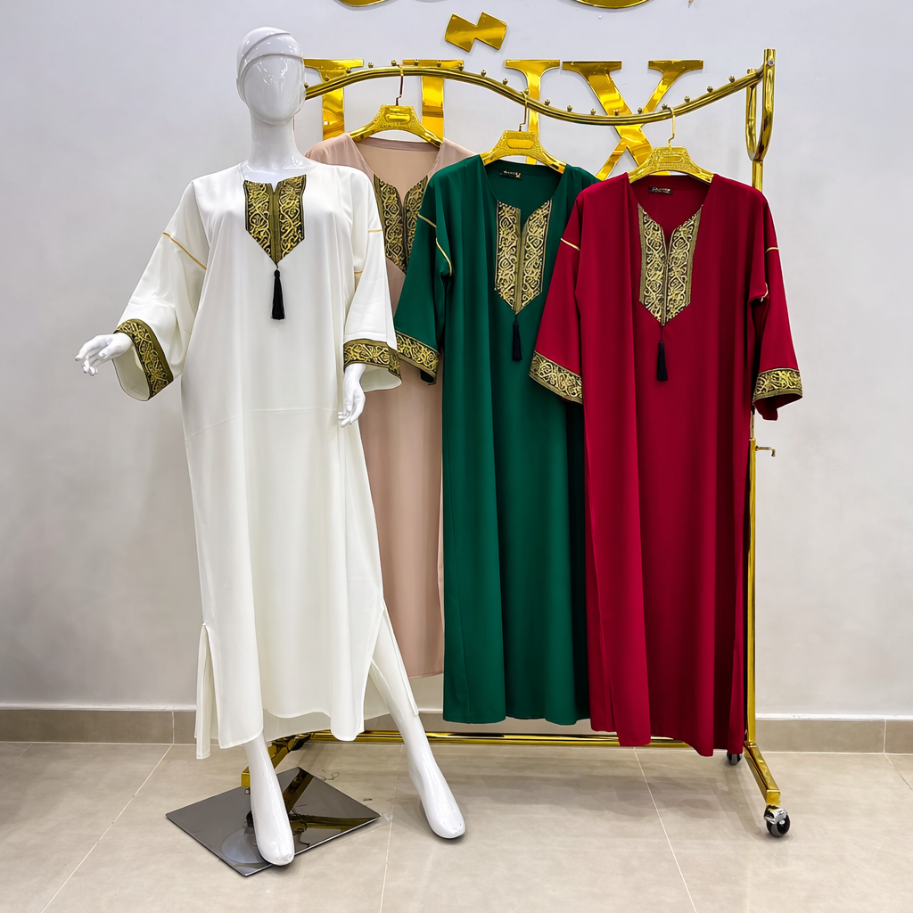 جلابة نسائية قماش كراب بلازما مطرزة بخيوط ذهبية